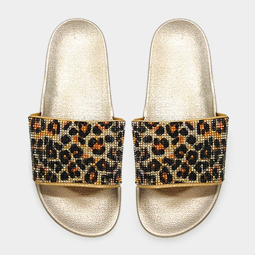 Gold Leopard Rhinestone Slide Sandals - Picture 2 of 2